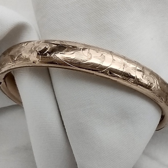 Antique Monogrammed HEJ Floral Golden Cuff Hinged Bracelet By A & Z  1/10 Gold - Picture 4 of 11
